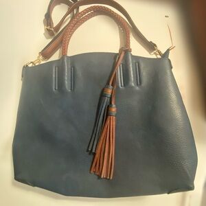 Kate & Mallory Navy and Brown Tote with cute fringe tassels. Gold tone accents